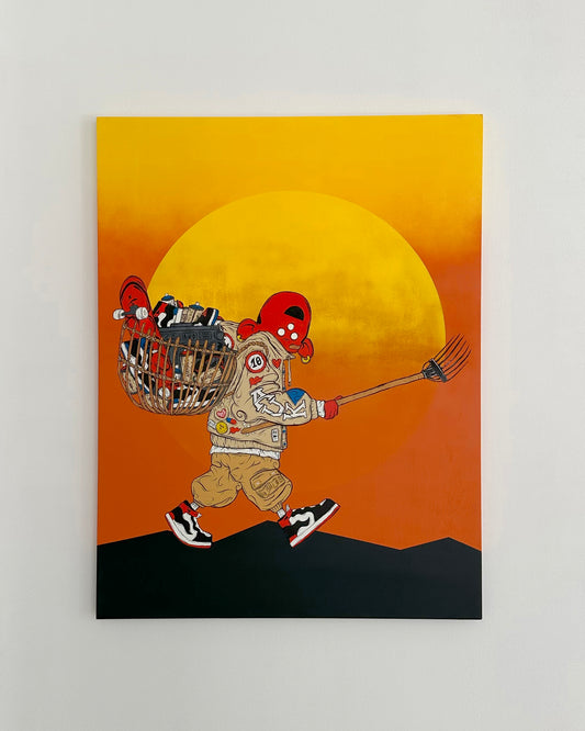 Cartoon character with a basket and rake against an orange sunset sky